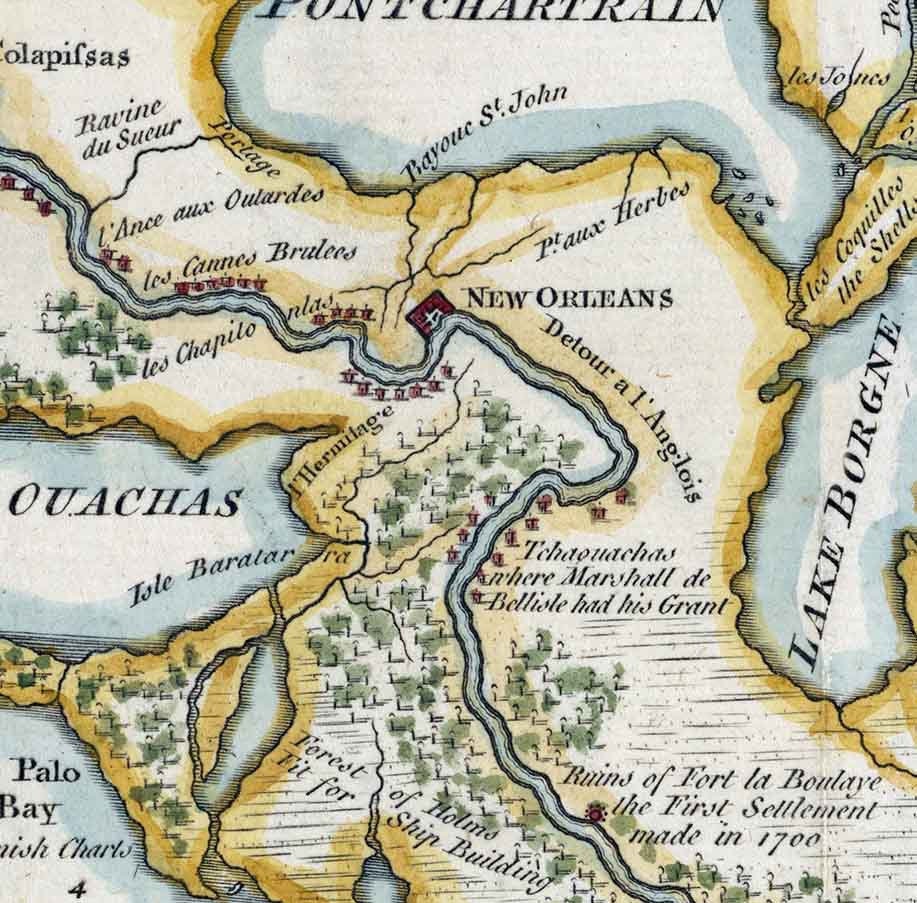 1761 Map of the Mississippi River Lake Ouachas Lake Borgne