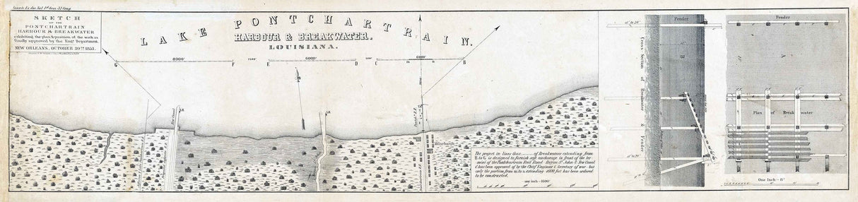 1853 Map of Lake Pontchartrain Harbour & Breakwater Louisiana