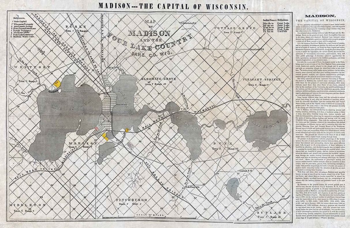 1855 Map of Madison Wisconsin and the Four Lake Country Dane County