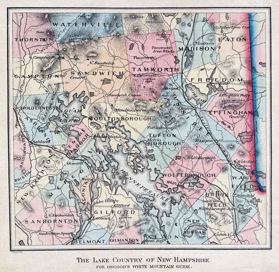 1870s Map of The Lake Country New Hampshire Lake Winnepesaukee & Squam Lake