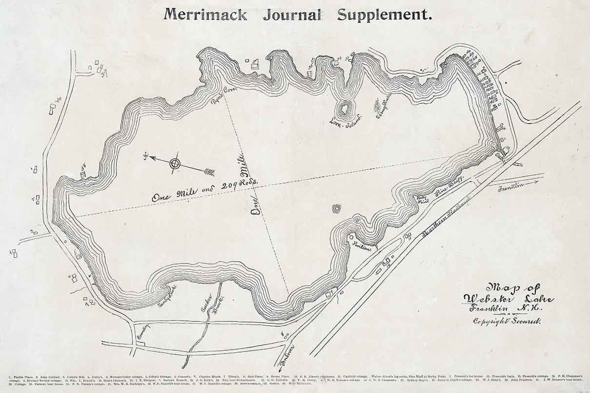 1890 Map of Webster Lake Franklin New Hampshire