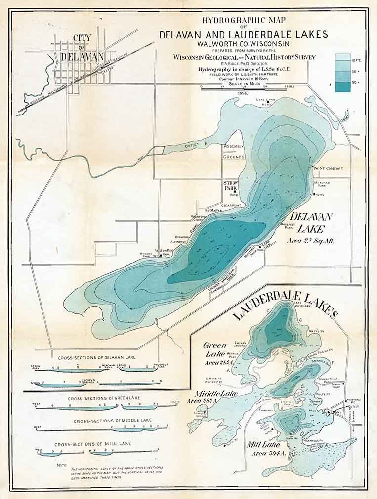 1898 Map of Delavan and Lauderdale Lakes Walworth County Wisconsin