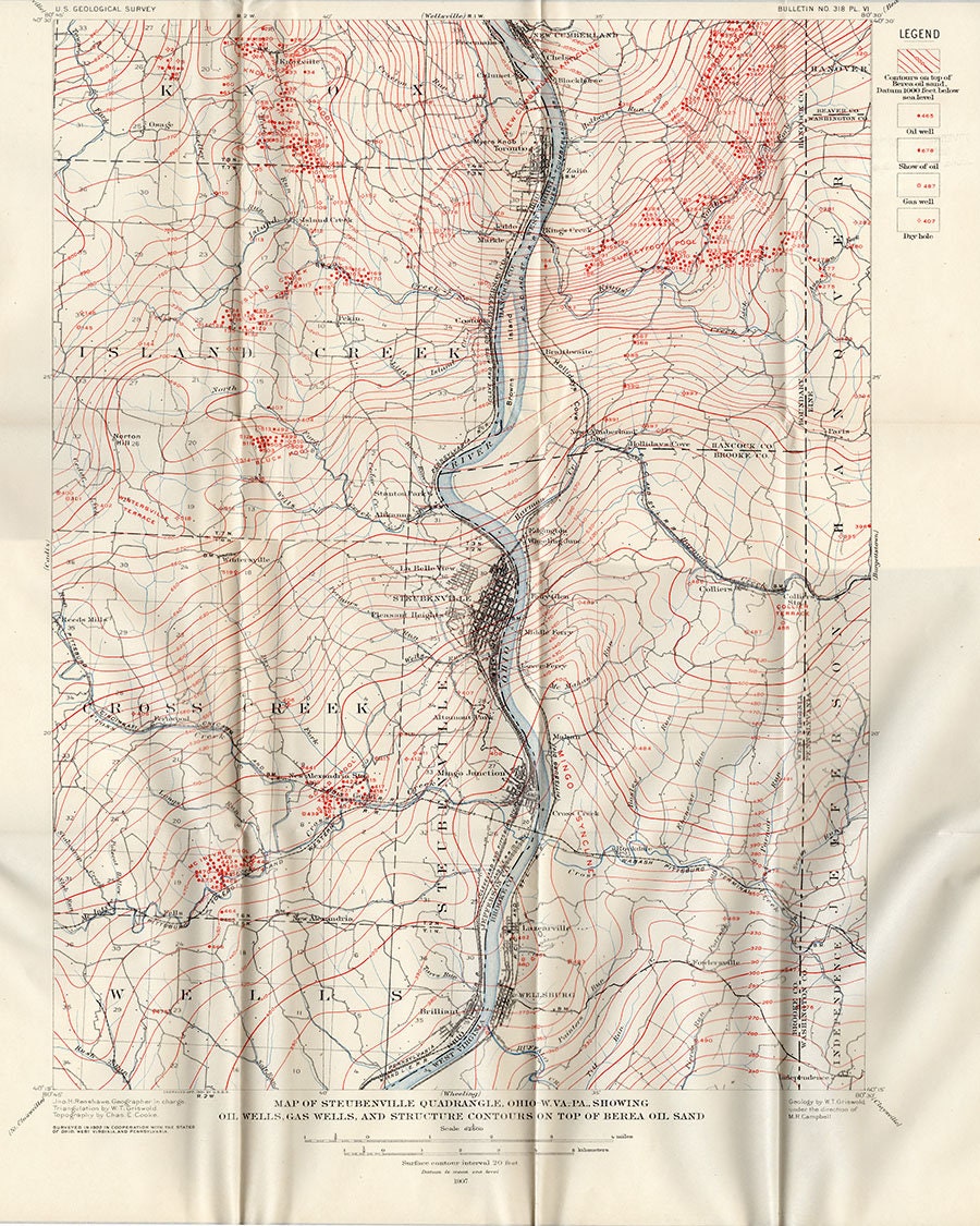 1907 Oil & Gas Well Map of Steubenville Ohio Quadrangle