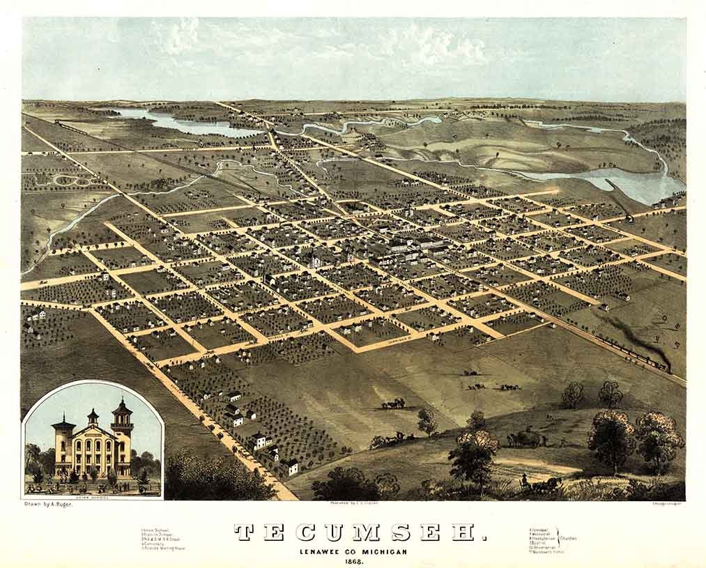 1868 Panoramic Map of Tecumseh Lenawee County Michigan