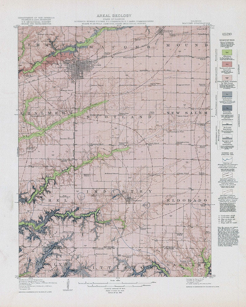 1916 Topo Map of Macomb Quadrangle Illinois Showing Oil Well & Coal Mines