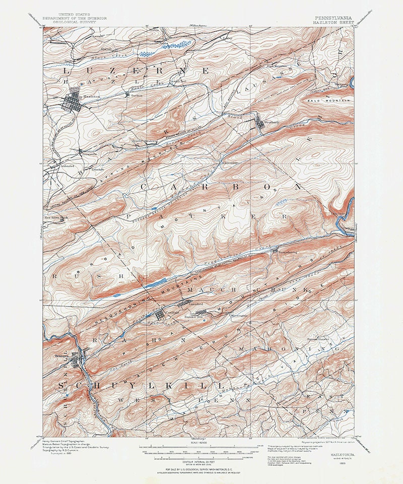 1889 Topo Map of Hazleton Pennsylvania Quadrangle