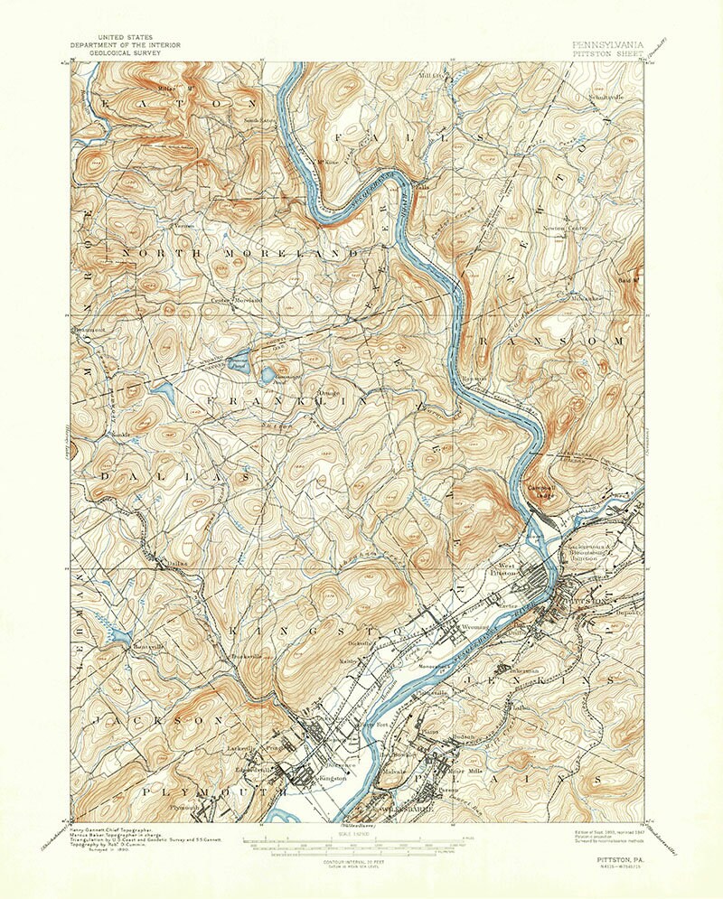 1893 Topo Map of Pittston Pennsylvania Quadrangle