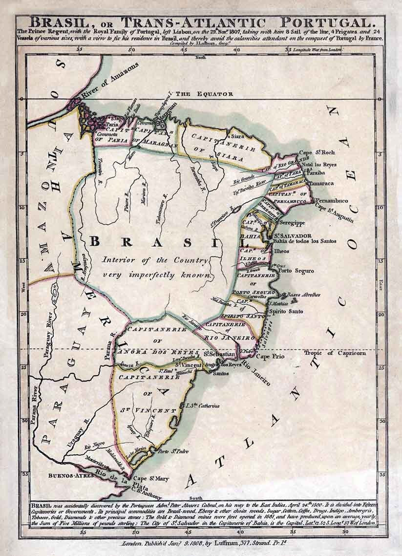 1808 Map of Brazil Trans Atlantic Portugal