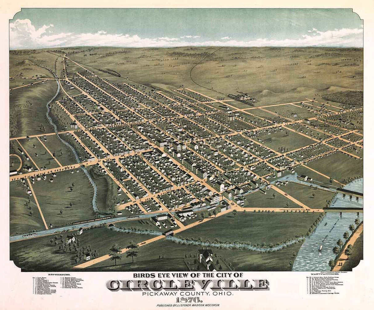 1876 Panoramic Map of Circleville Pickaway County Ohio