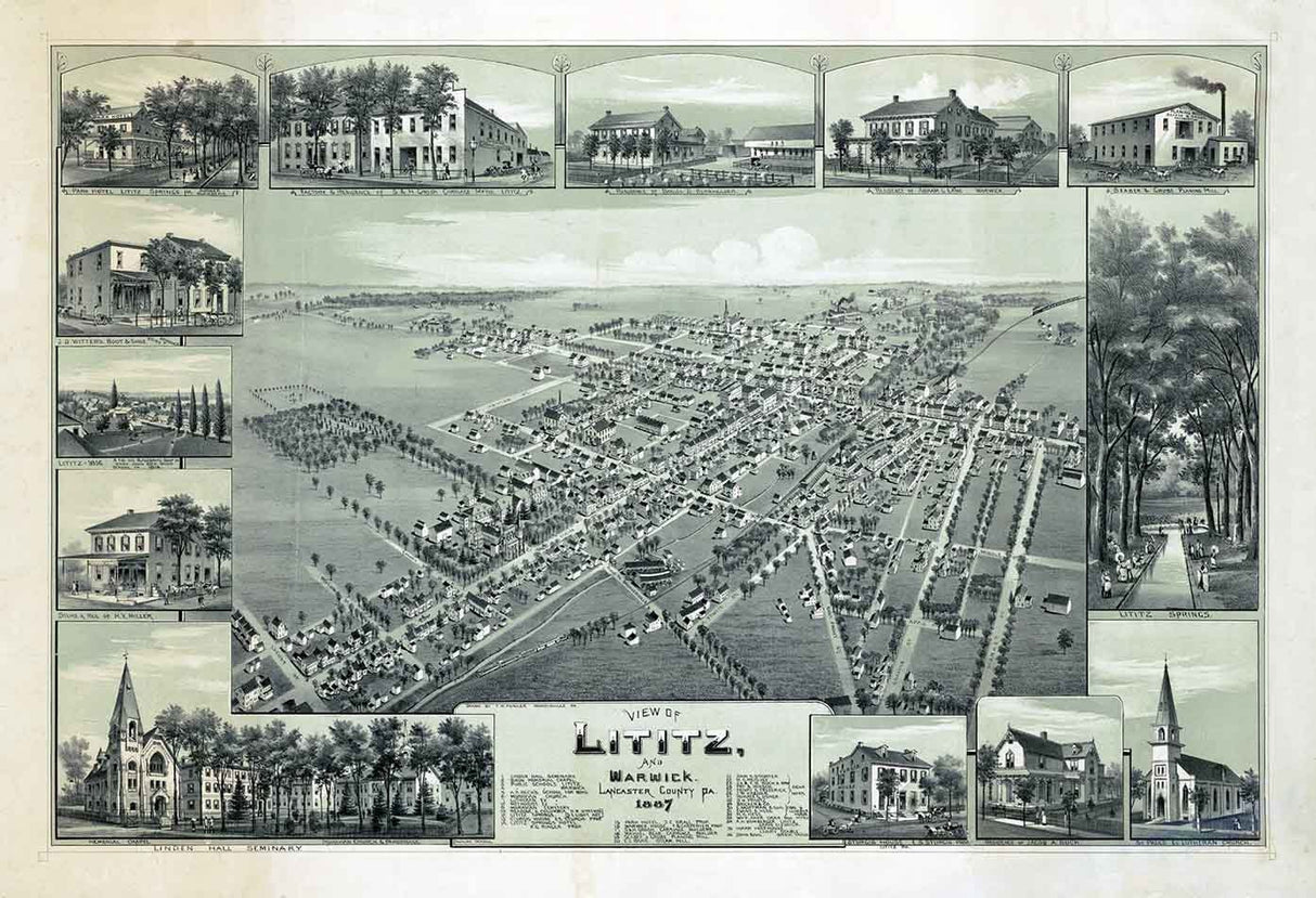 1887 Panoramic Map of Lititz Warwick Lancaster County Pennsylvania