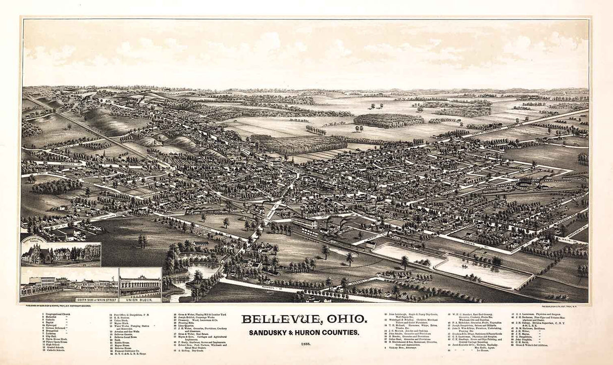 1888 Panoramic Map of Bellevue Ohio Sandusky Huron
