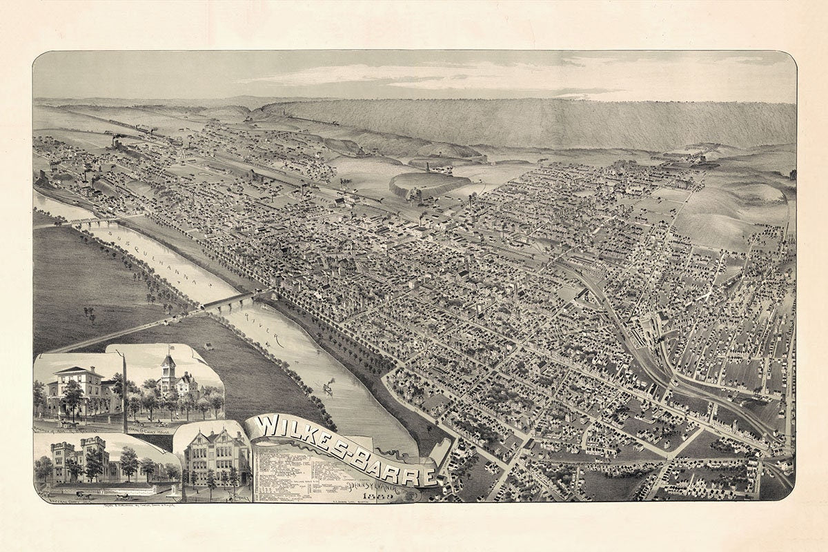 1889 Panoramic Map of Wilkes-Barre Pennsylvania