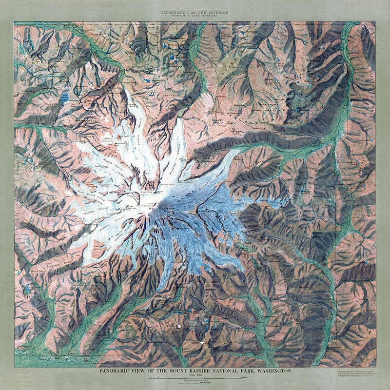 1914 Panoramic Map of Mount Rainier Washington