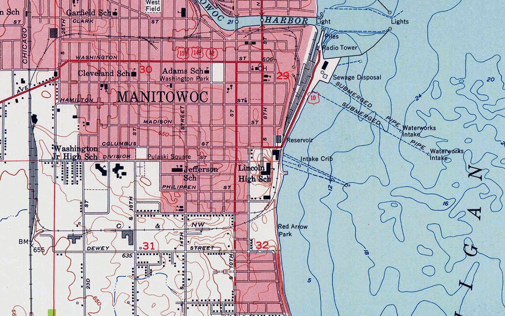 1954 Topo Map of Manitowoc Wisconsin Quad