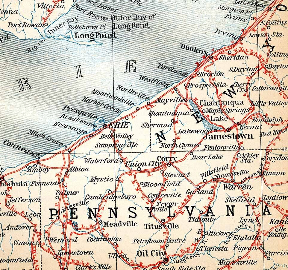 1907 Map of Lake Erie and Ontario Canada Pennsylvania