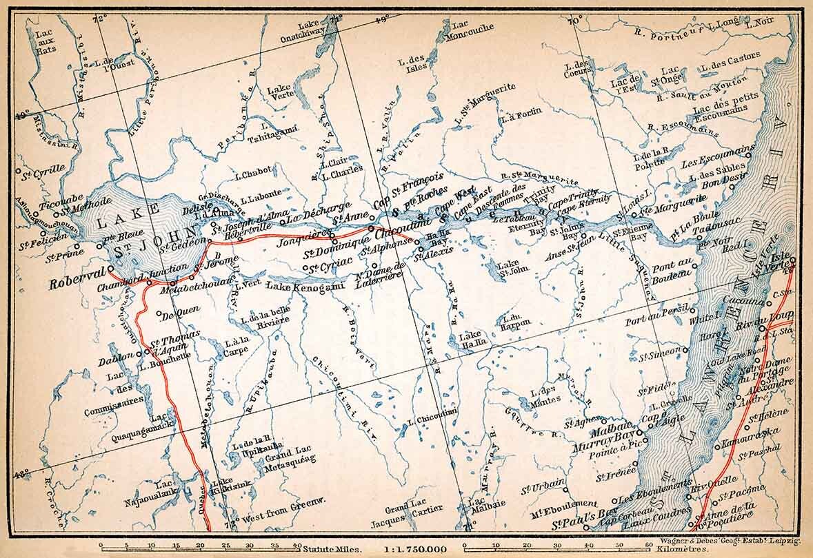 1907 Map of Lake Saint John to St Lawrence River Canada