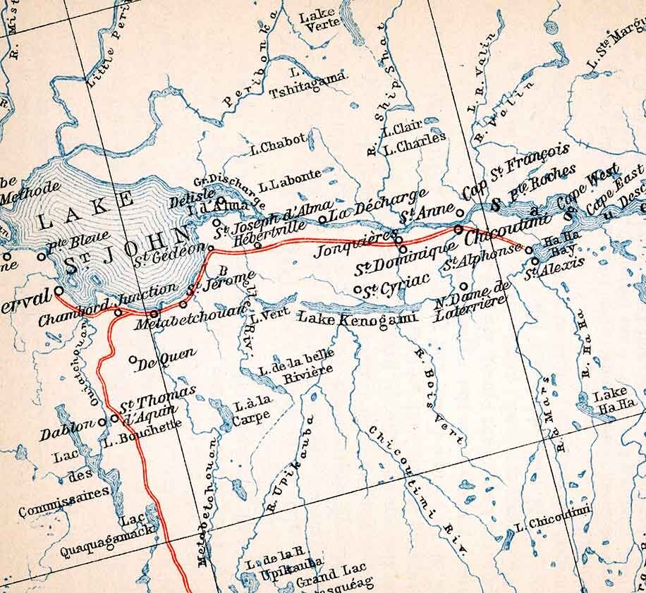 1907 Map of Lake Saint John to St Lawrence River Canada