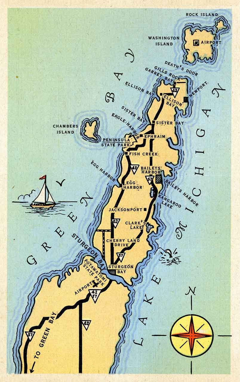 Cartoon Map of Door County Wisconsin