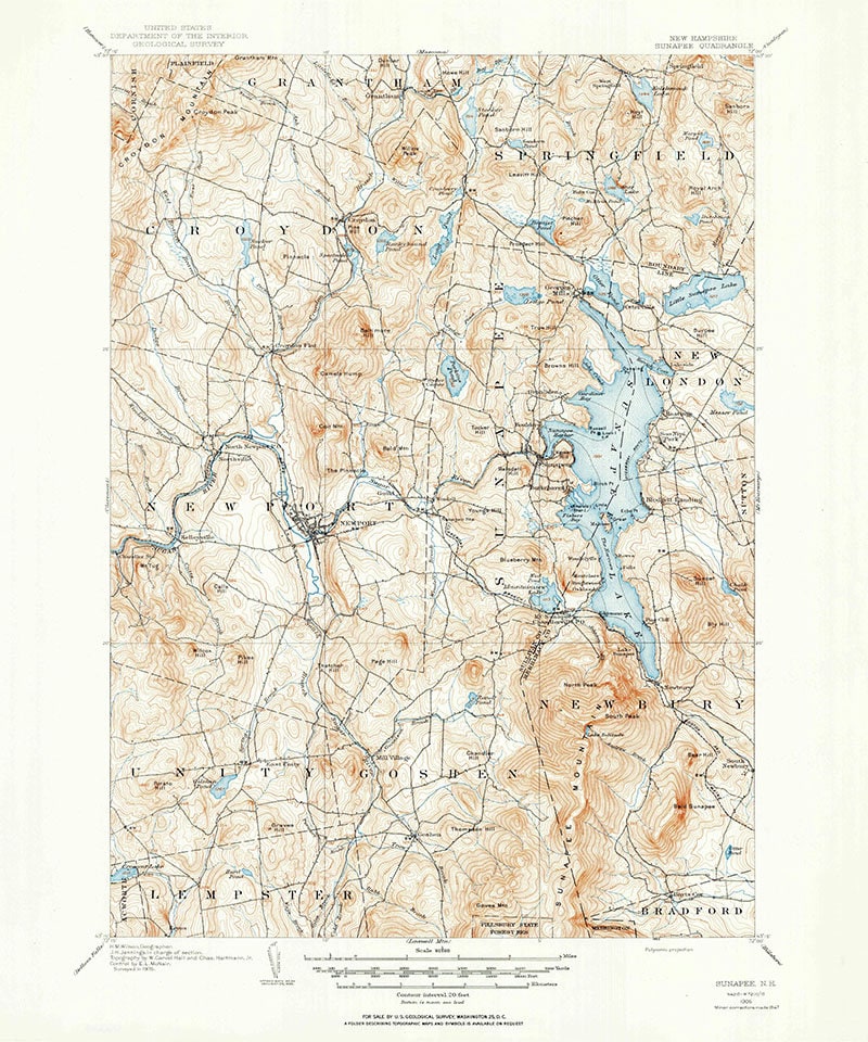 1902 Topo Map of Sunapee New Hampshire Quad Lake Sunapee