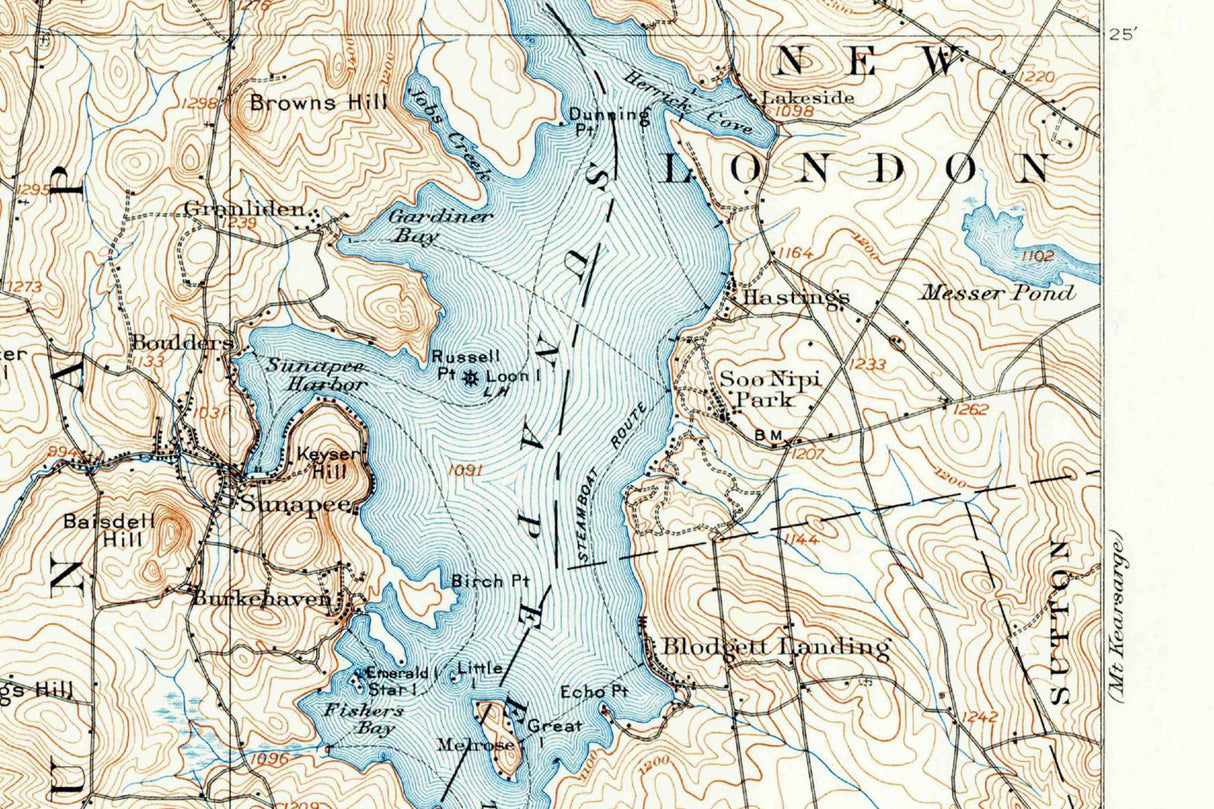 1902 Topo Map of Sunapee New Hampshire Quad Lake Sunapee