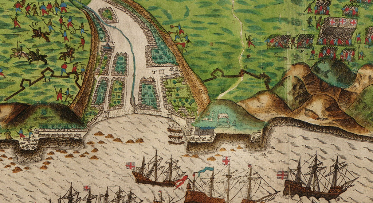 1586 Map of Drakes Invasion of Santiago Cape Verde Islands