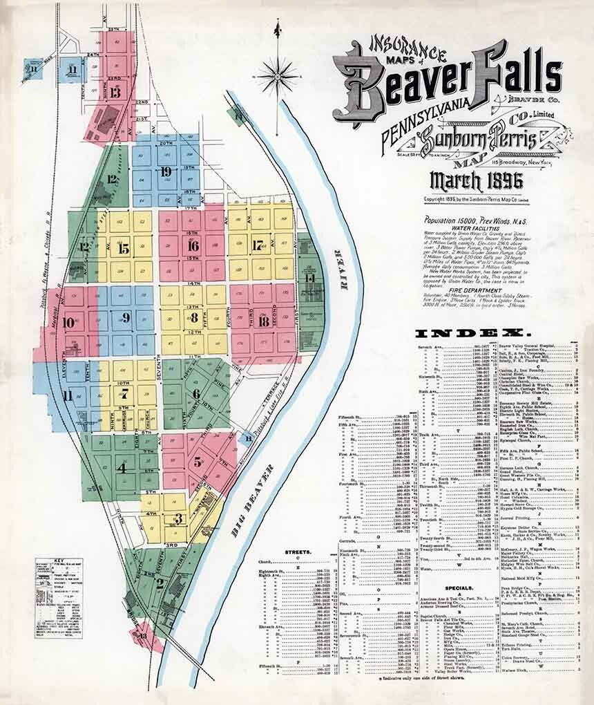 1896 Sanborn Map of Beaver Falls Beaver County Pennsylvania