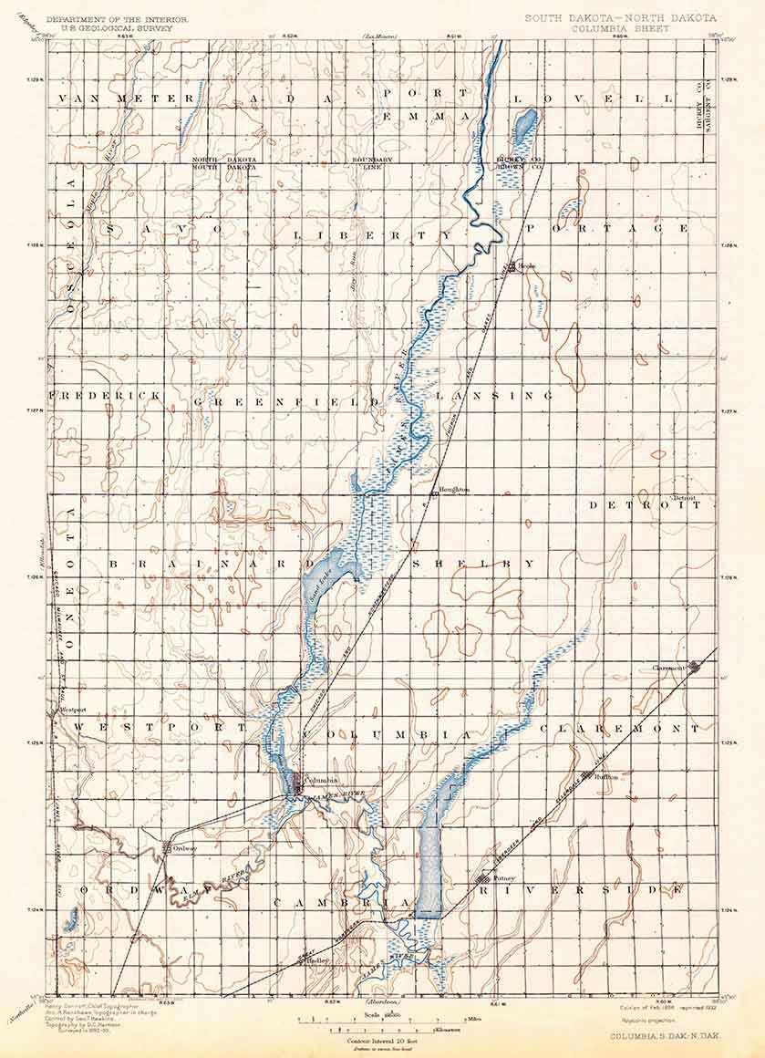 1896 Topo Map of Columbia South Dakota