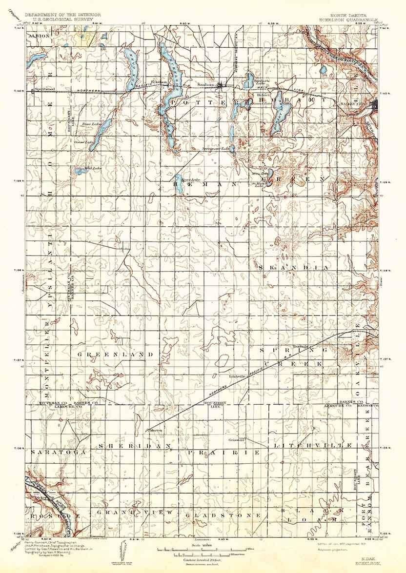 1897 Topo Map of Eckelson North Dakota Potter Hobart