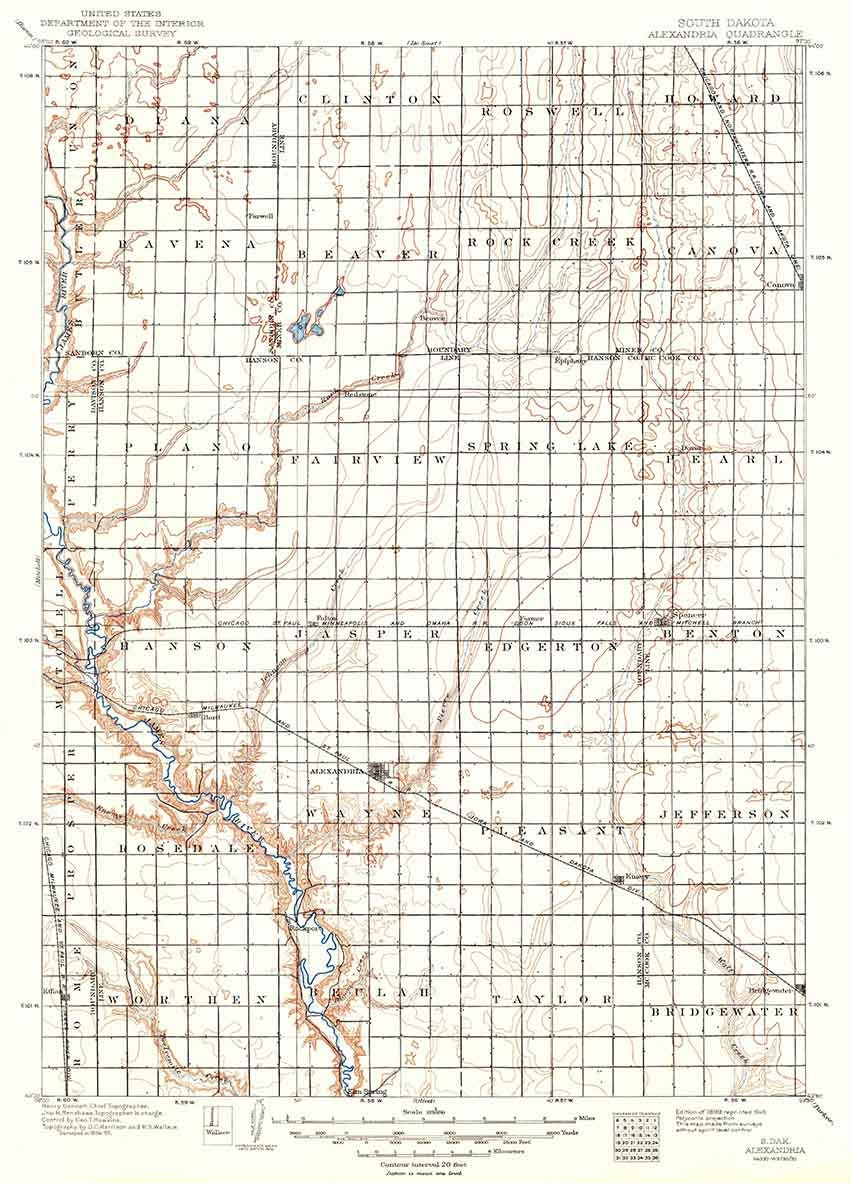 1899 Topo Map of Alexandria South Dakota