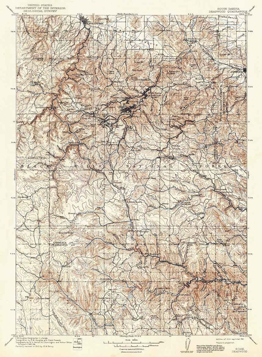 1916 Topo Map of Deadwood South Dakota