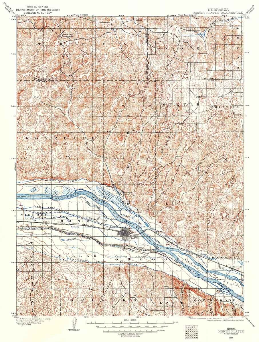 1899 Topo Map of North Platte Nebraska Platte River