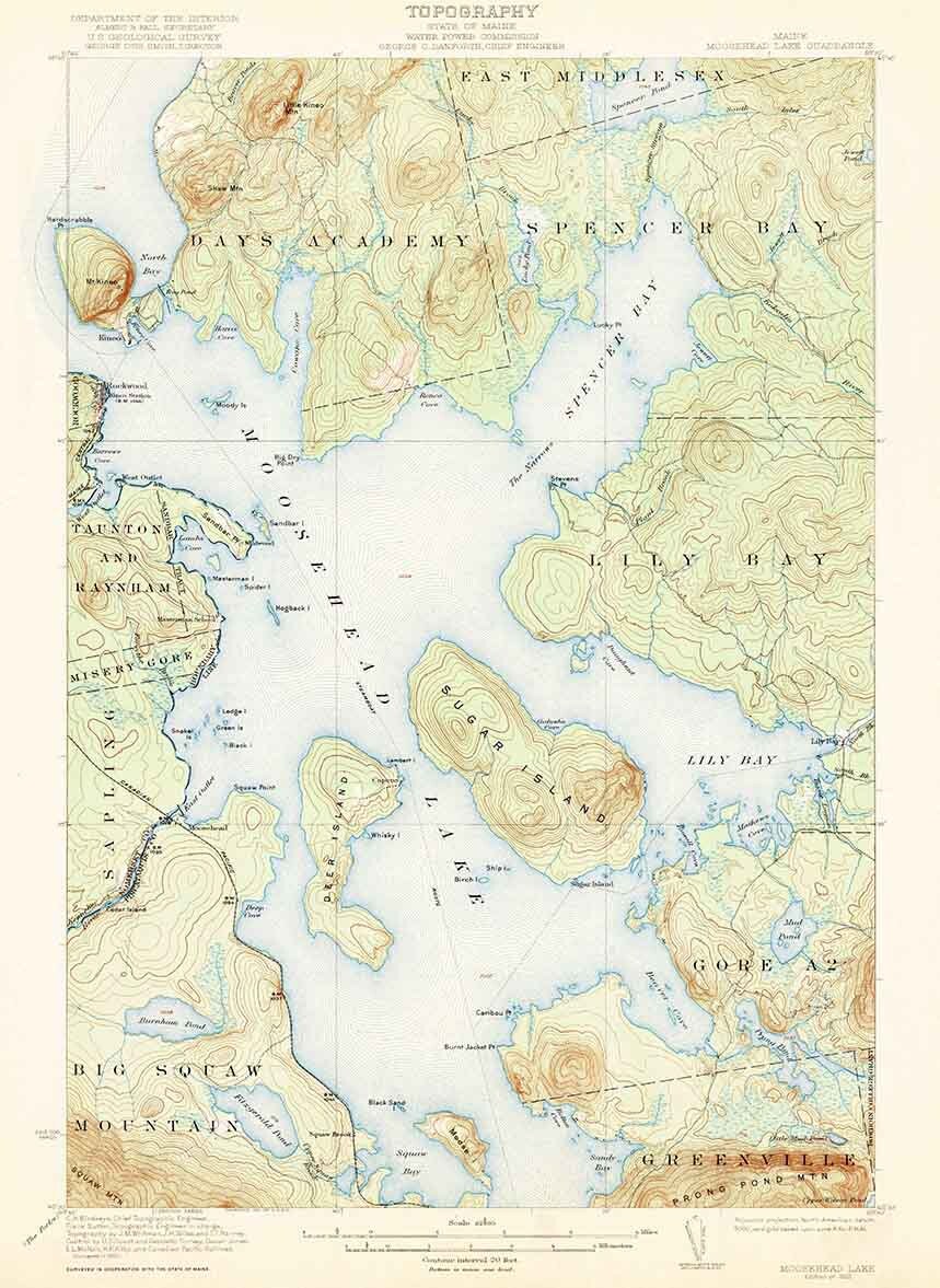 1922 Topo Map of Moosehead Lake Maine Sugar Island