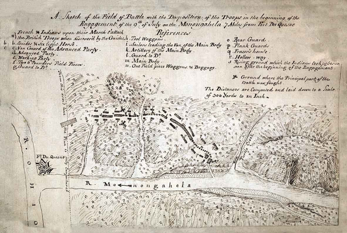 1755 Sketch Map of Field of Battle Monongahela Pennsylvania Fort Du Quesne