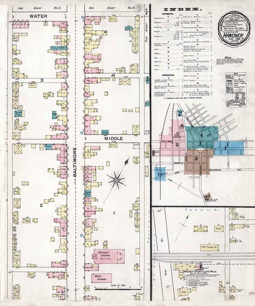 1886 Town Map of Hanover York County Pennsylvania