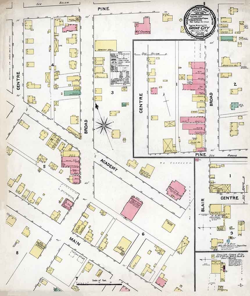 1891 Town Map of Grove City Mercer County Pennsylvania
