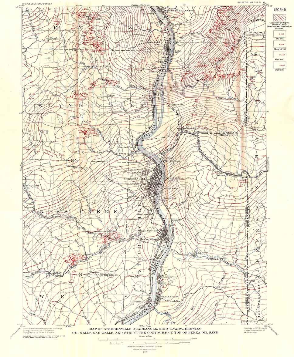 1907 Oil & Gas Well Map of Steubenville Pennsylvania Ohio West Virginia Quad