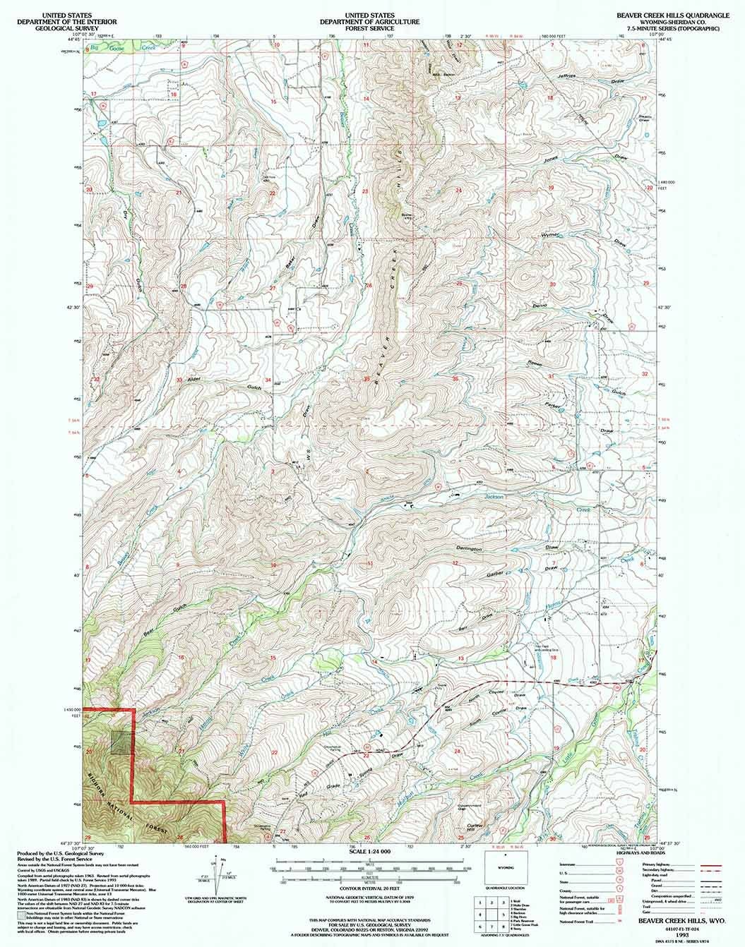 1993 Topo Map of Beaver Creek Hills Wyoming WY Bighorn Forest