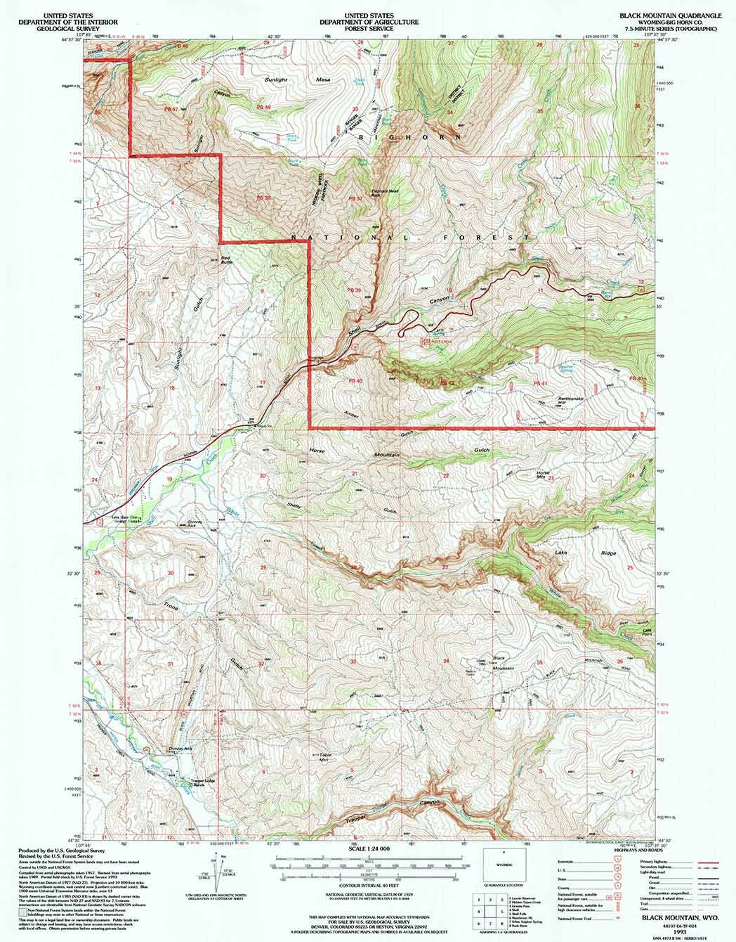 1993 Topo Map of Black Mountain Wyoming WY Bighorn Forest