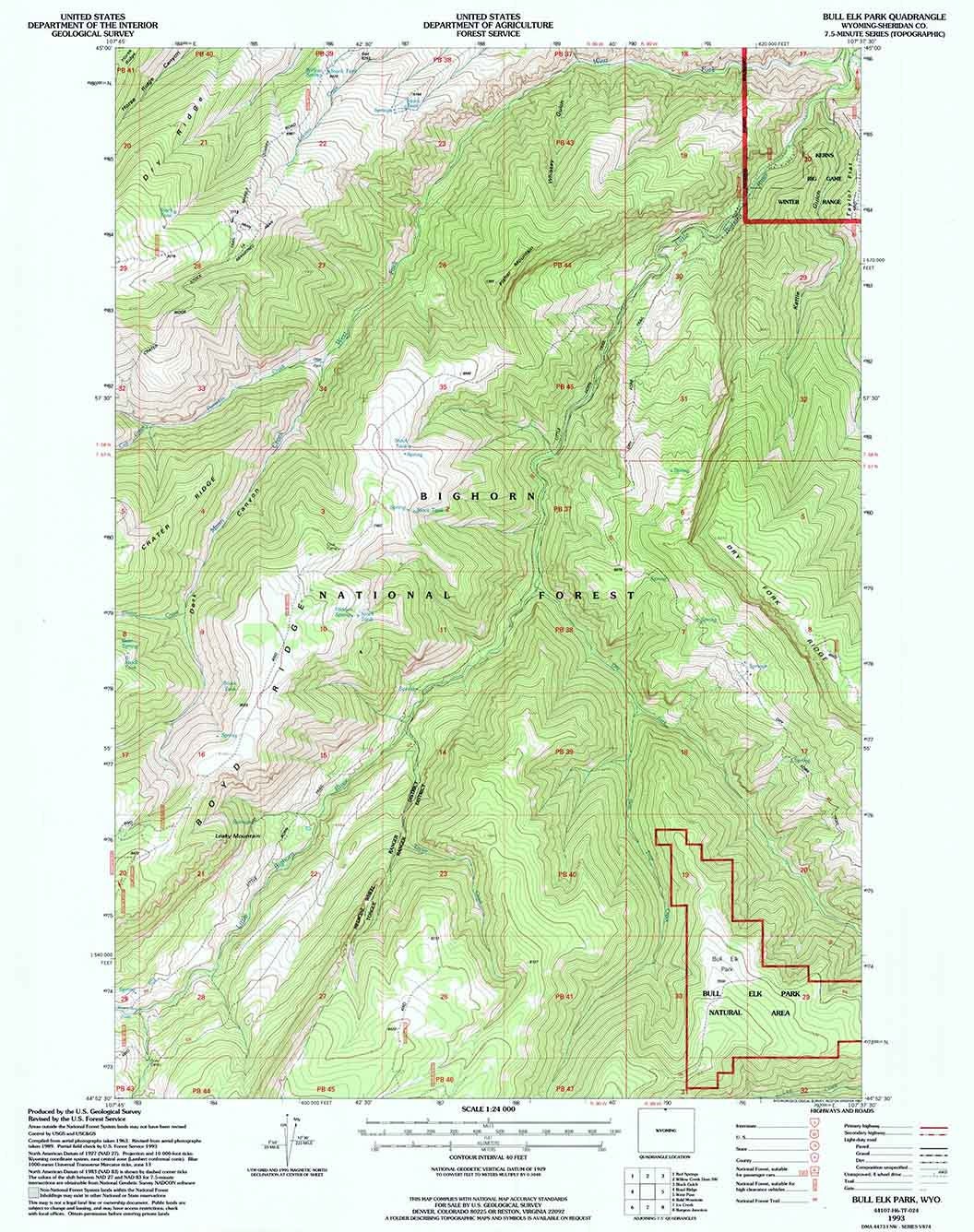 1993 Topo Map of Bull Elk Park Wyoming WY Bighorn Forest