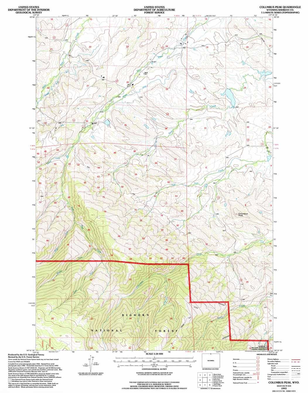 1993 Topo Map of Columbus Peak Wyoming WY