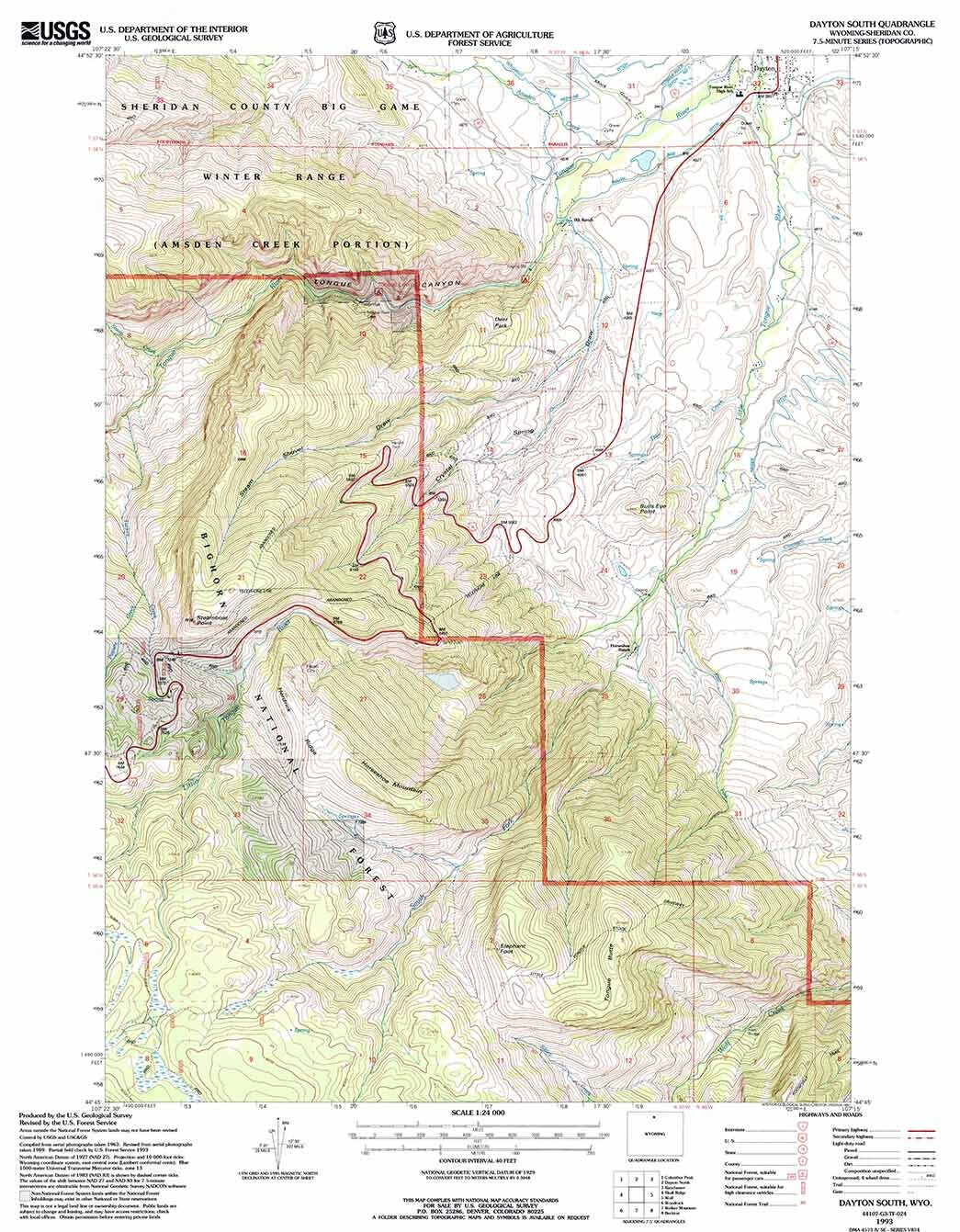 1993 Topo Map of Dayton South Wyoming WY Bighorn Forest