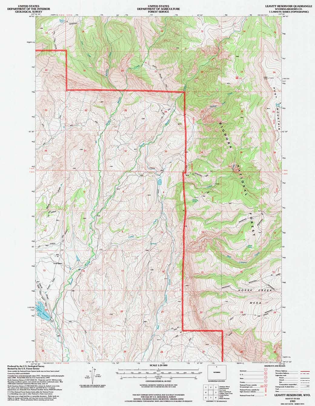 1993 Topo Map of Leavitt Reservoir Wyoming WY Bighorn Forest