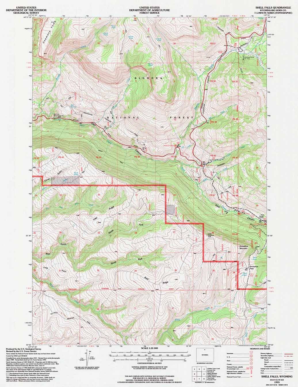 1993 Topo Map of Shell Falls Wyoming WY Bighorn Forest