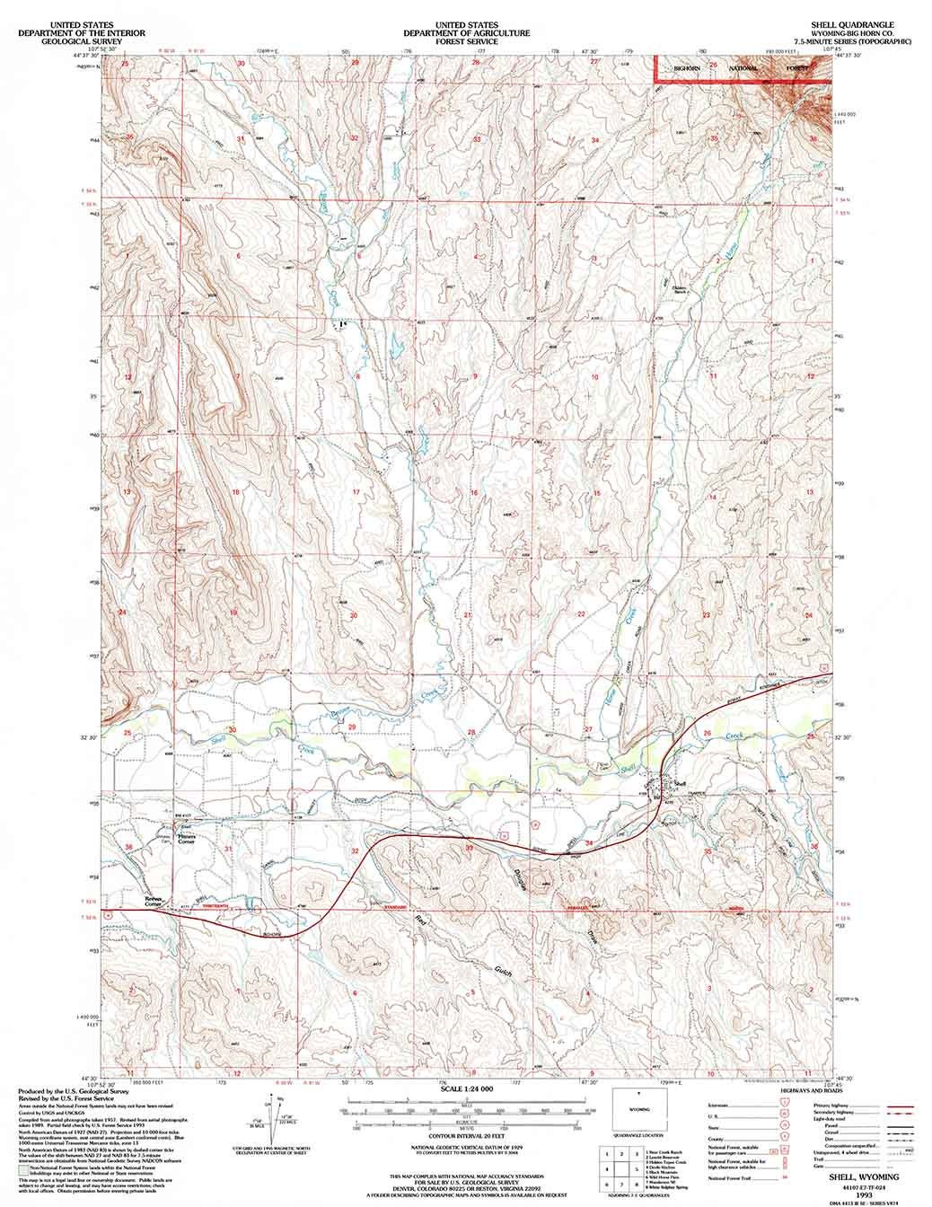 1993 Topo Map of Shell Wyoming WY Bighorn Forest