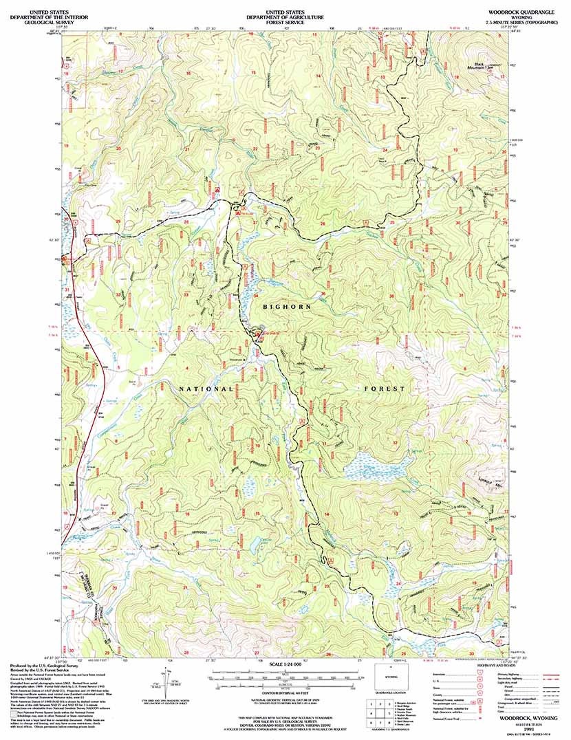 1993 Topo Map of Woodrock Wyoming WY Bighorn Forest