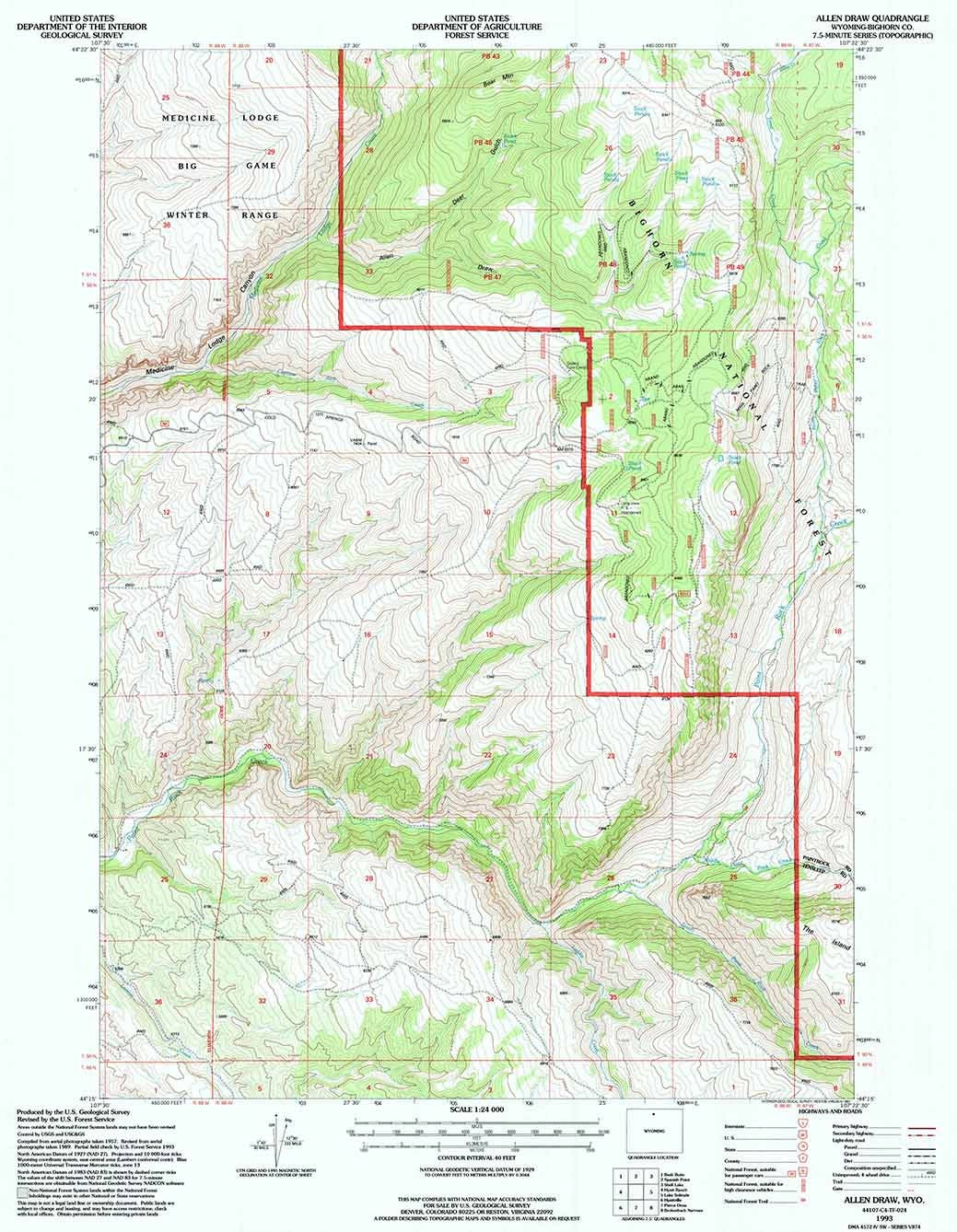 1993 Topo Map of Allen Draw Wyoming WY Bighorn Forest