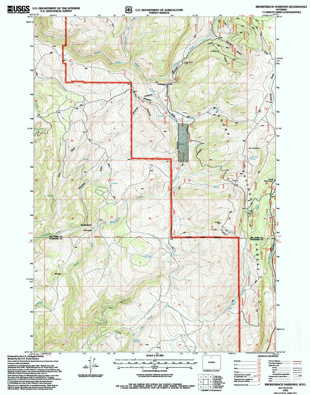 1993 Topo Map of Brokenback Narrows Wyoming WY Bighorn Forest