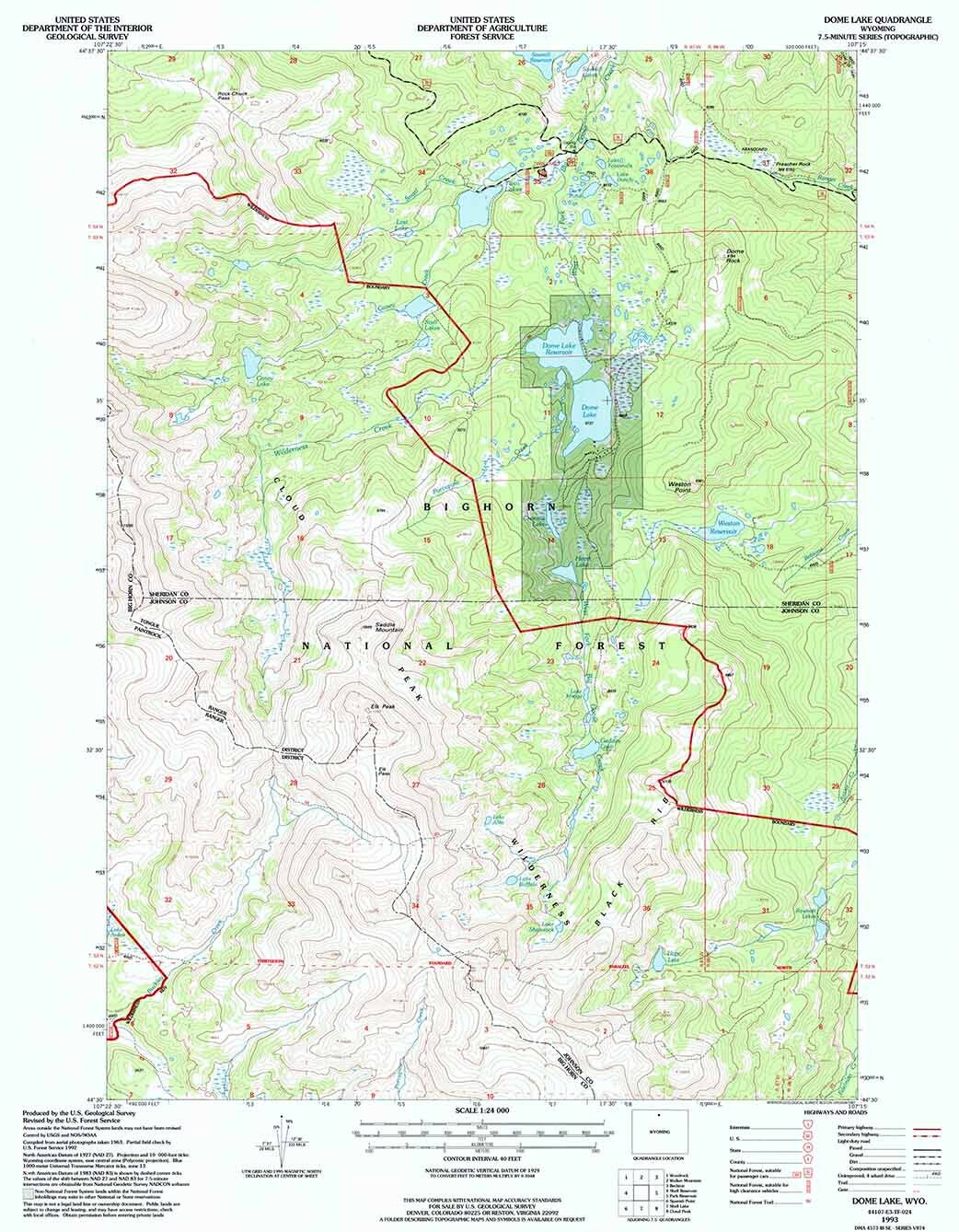 1993 Topo Map of Dome Lake Wyoming WY Bighorn Forest