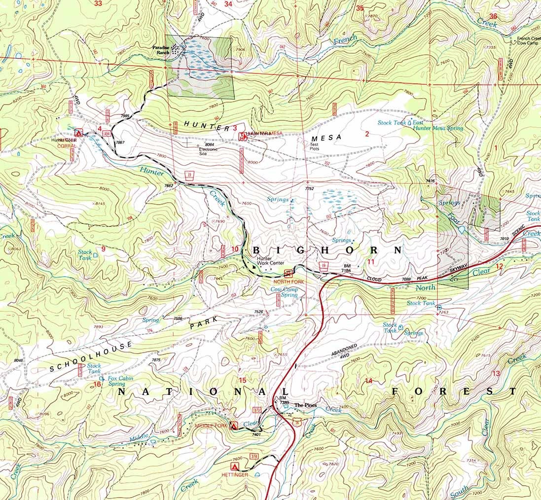 1993 Topo Map of Hunter Mesa Wyoming WY Bighorn Forest