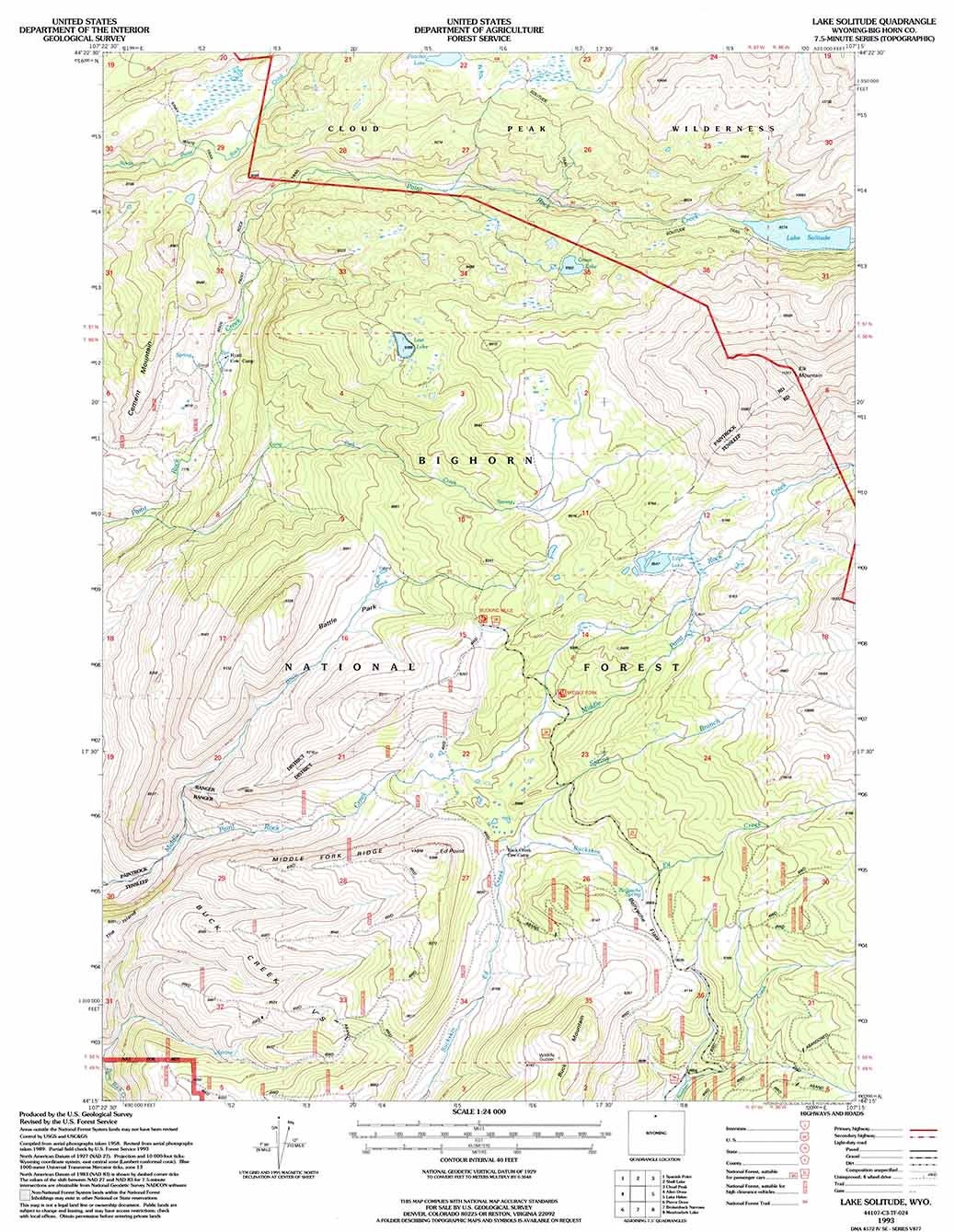 1993 Topo Map of Lake Solitude Wyoming WY Bighorn Forest